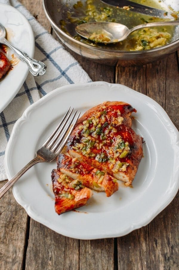 Soy Glazed Chicken Breast with Scallion Ginger Oil, by thewoksoflife.com