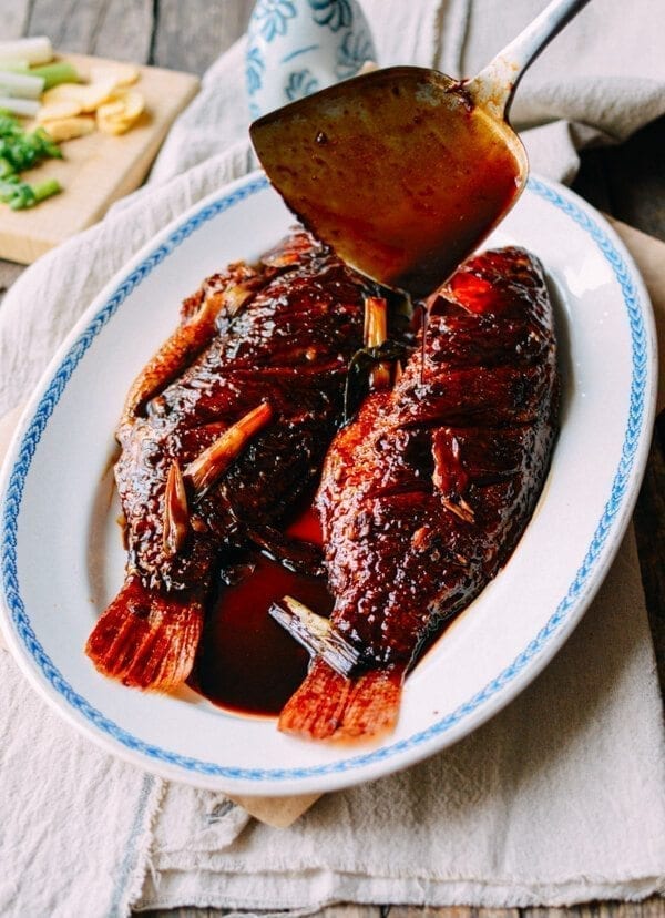 Chinese Braised Fish (Hongshao Yu), by thewoksoflife.com