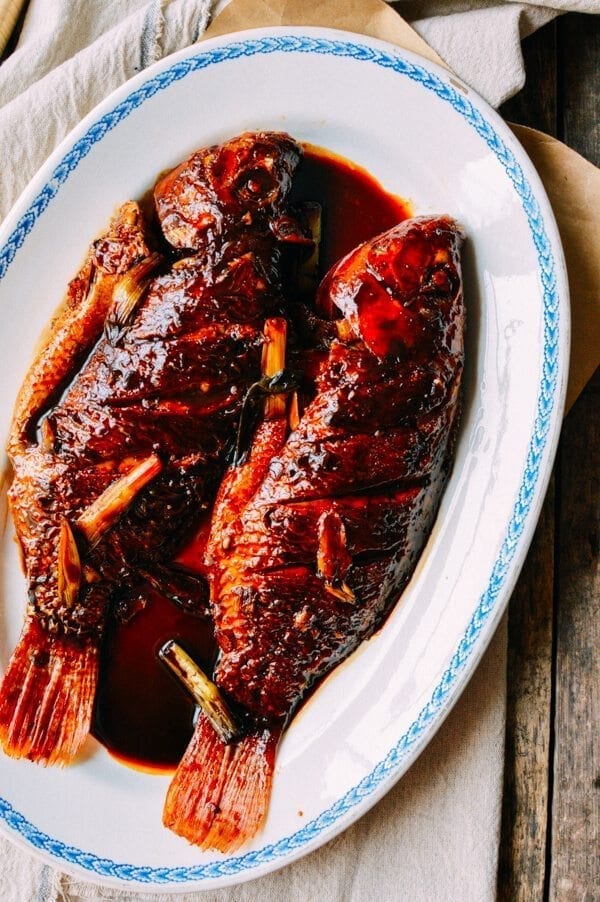 Chinese Braised Fish (Hongshao Yu), by thewoksoflife.com