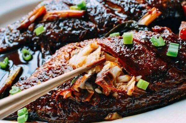 Chinese Braised Fish (Hongshao Yu), by thewoksoflife.com