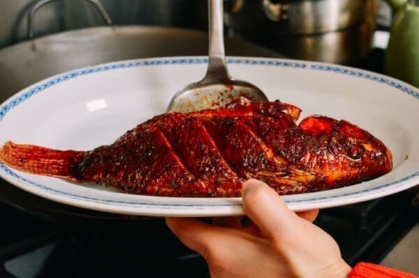 Chinese Braised Fish (Hongshao Yu), by thewoksoflife.com