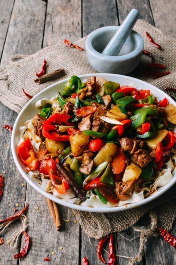 Big Plate Chicken (Chinese Da Pan Ji) with Noodles, by thewoksoflife.com