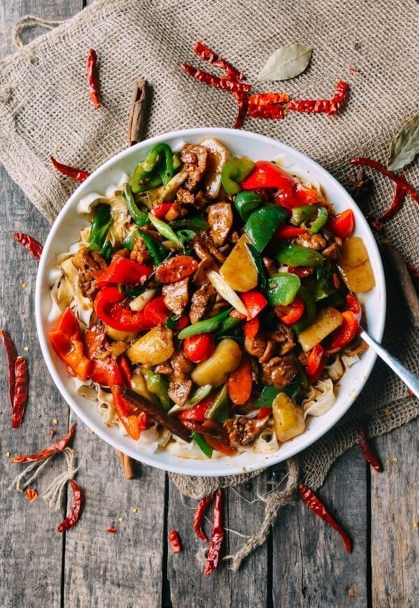 Big Plate Chicken (Chinese Da Pan Ji) with Noodles, by thewoksoflife.com