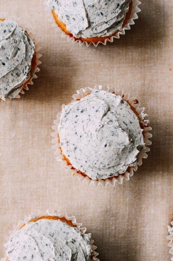 Peanut Butter Cupcakes w/ Black Sesame Frosting, by thewoksoflife.com