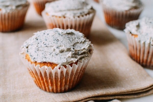 Peanut Butter Cupcakes w/ Black Sesame Frosting, by thewoksoflife.com