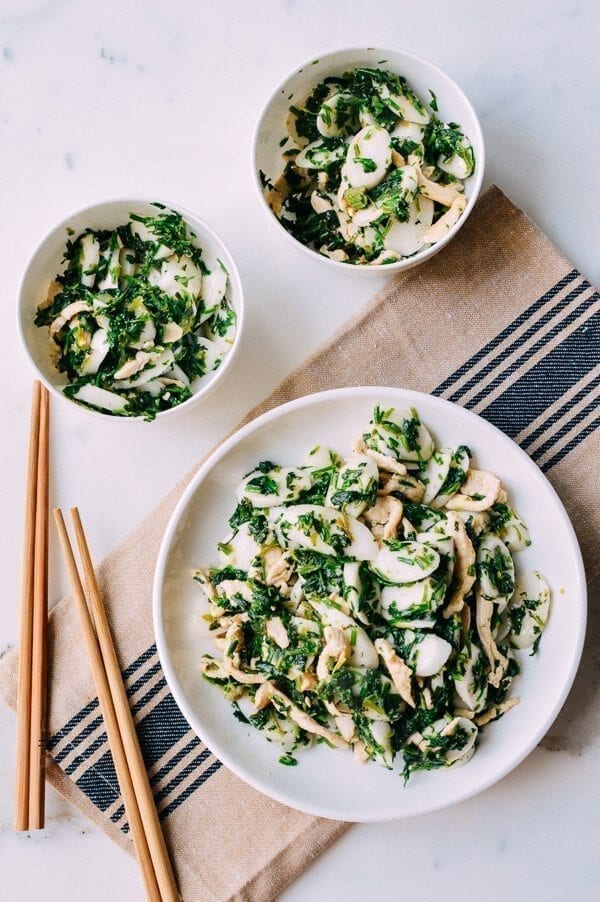 Shanghai Rice Cake Stir-fry w/ Shepherd's Purse, by thewoksoflife.com