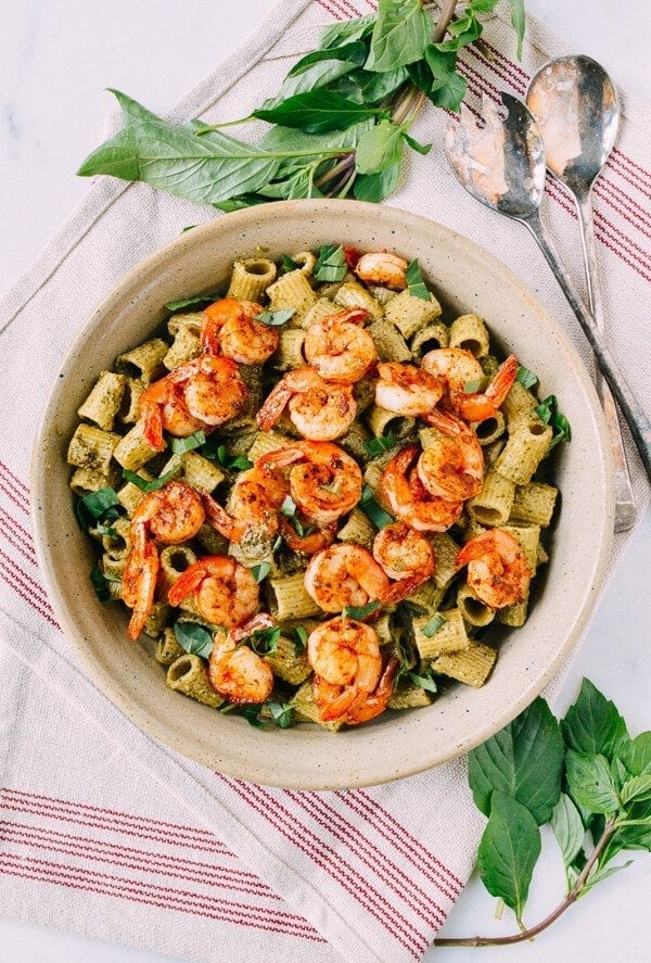 Thai Basil Pesto Pasta with Spicy Shrimp, by thewoksoflife.com