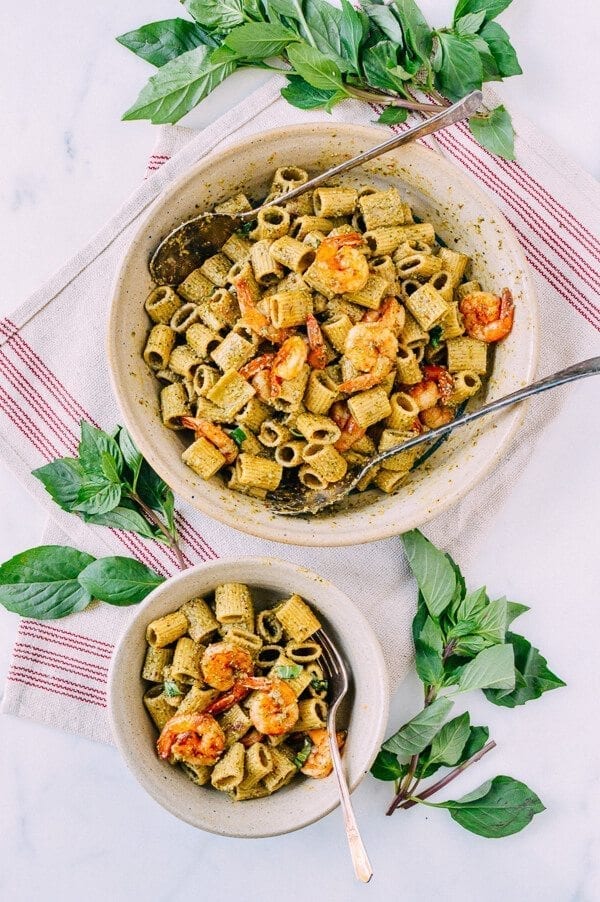 Thai Basil Pesto Pasta with Spicy Shrimp, by thewoksoflife.com