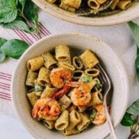 Thai Basil Pesto Pasta with Spicy Shrimp, by thewoksoflife.com