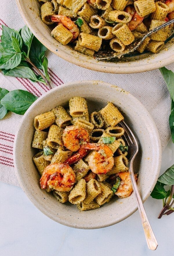 Thai Basil Pesto Pasta with Spicy Shrimp, by thewoksoflife.com