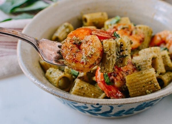 Thai Basil Pesto Pasta with Spicy Shrimp, by thewoksoflife.com