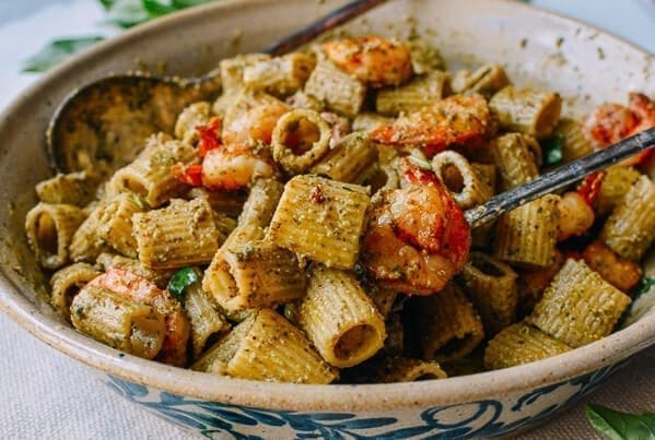 Thai Basil Pesto Pasta with Spicy Shrimp, by thewoksoflife.com
