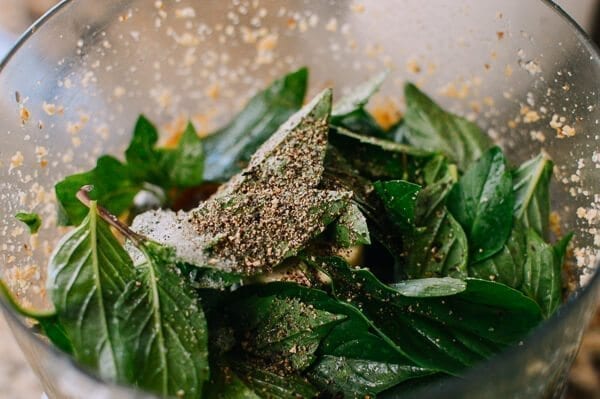 Thai Basil Pesto Pasta with Spicy Shrimp, by thewoksoflife.com