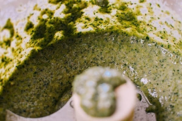 Thai Basil Pesto Pasta with Spicy Shrimp, by thewoksoflife.com