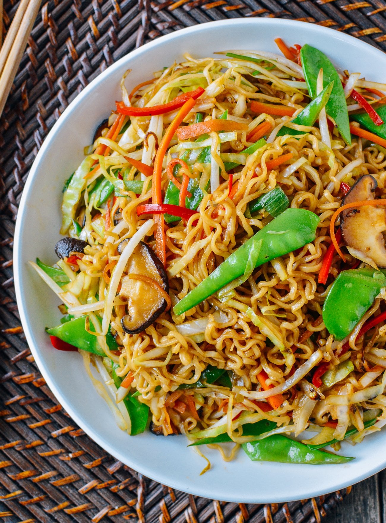 plate of stir-fried instant ramen noodles with vegetables