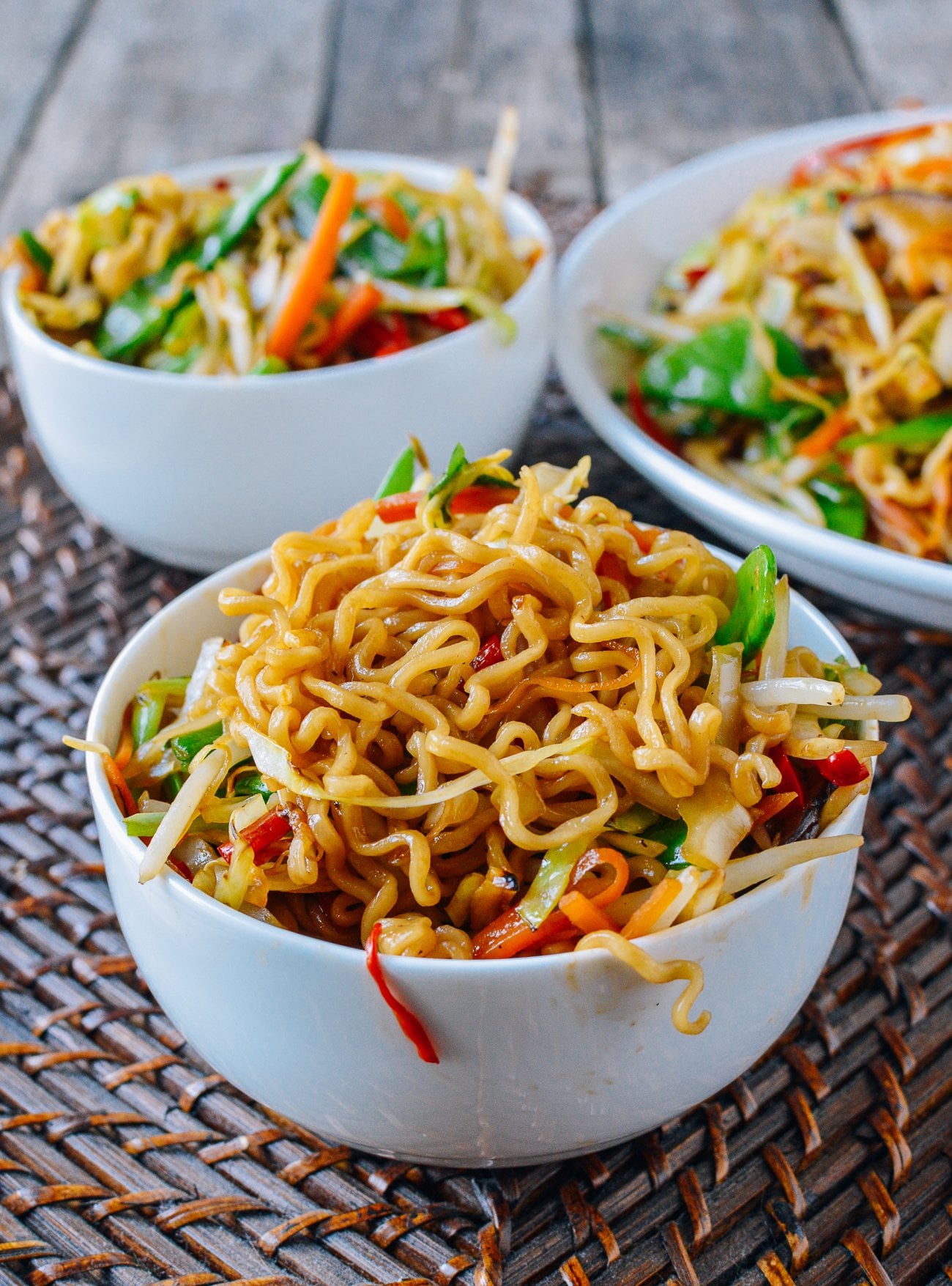 bowl of stir-fried ramen noodles with vegetables