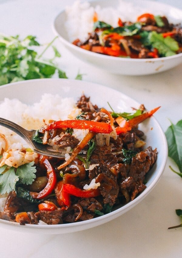 Thai Basil Beef (Pad Gra Prow), by thewoksoflife.com