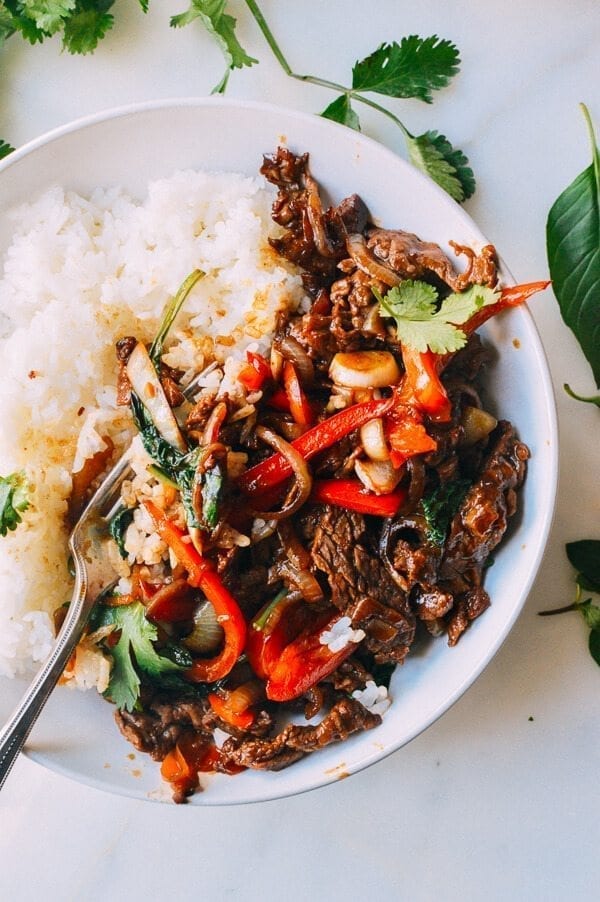 Thai Basil Beef (Pad Gra Prow), by thewoksoflife.com