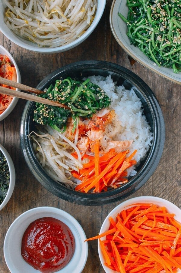 Salmon Bibimbap Korean Rice Bowl by thewoksoflife.com