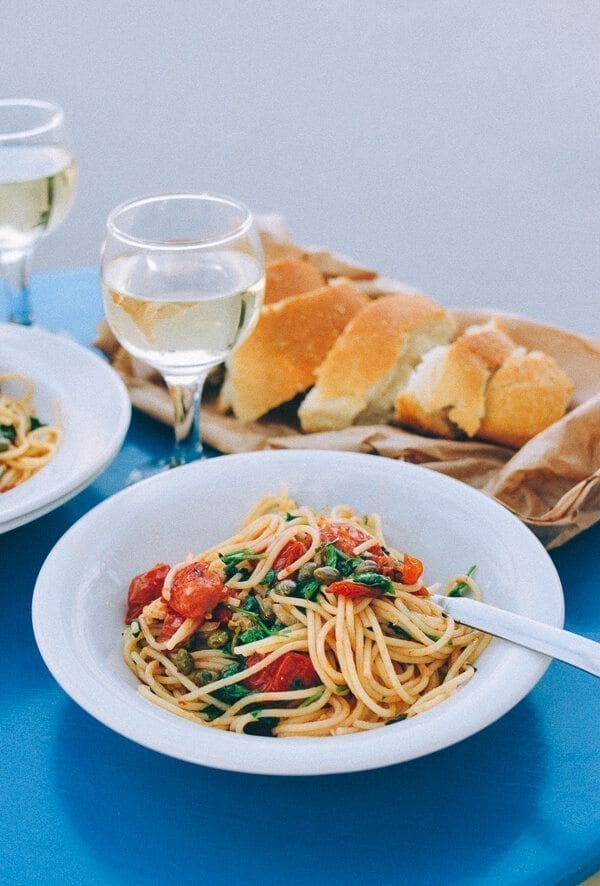 Spaghetti with Tomatoes, Capers, Mint & Parsley, by thewoksoflife.com