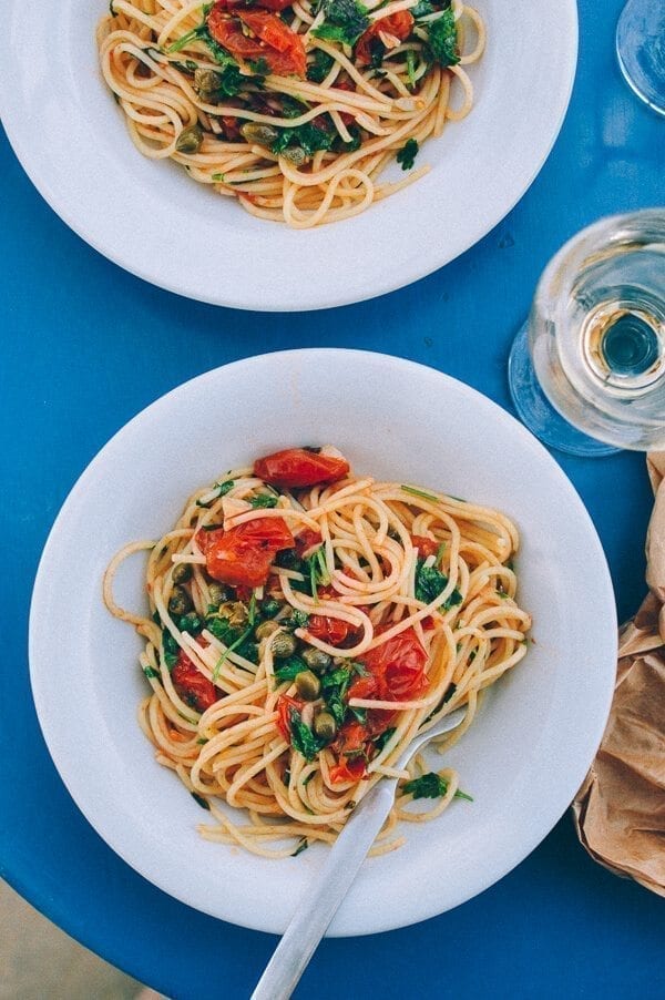 Spaghetti with Tomatoes, Capers, Mint & Parsley, by thewoksoflife.com