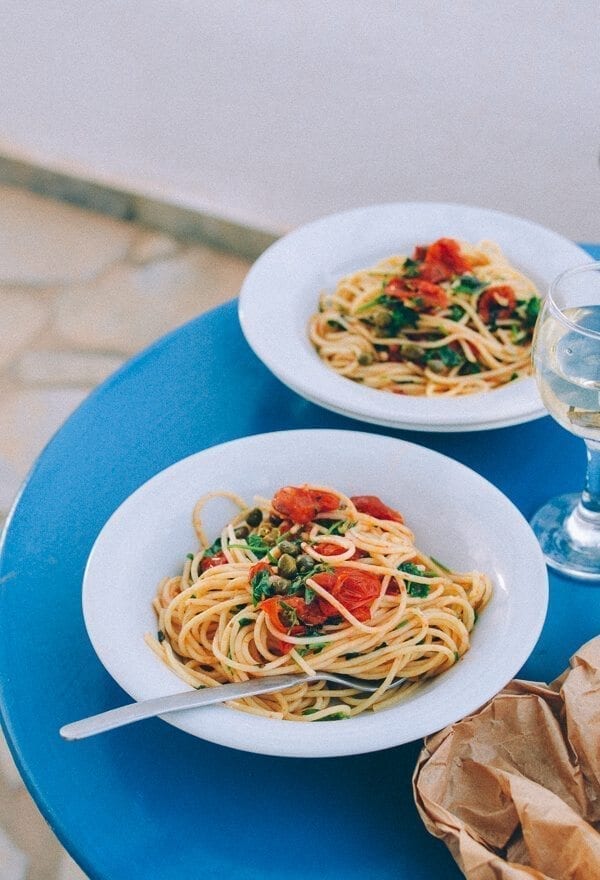 Spaghetti with Tomatoes, Capers, Mint & Parsley, by thewoksoflife.com