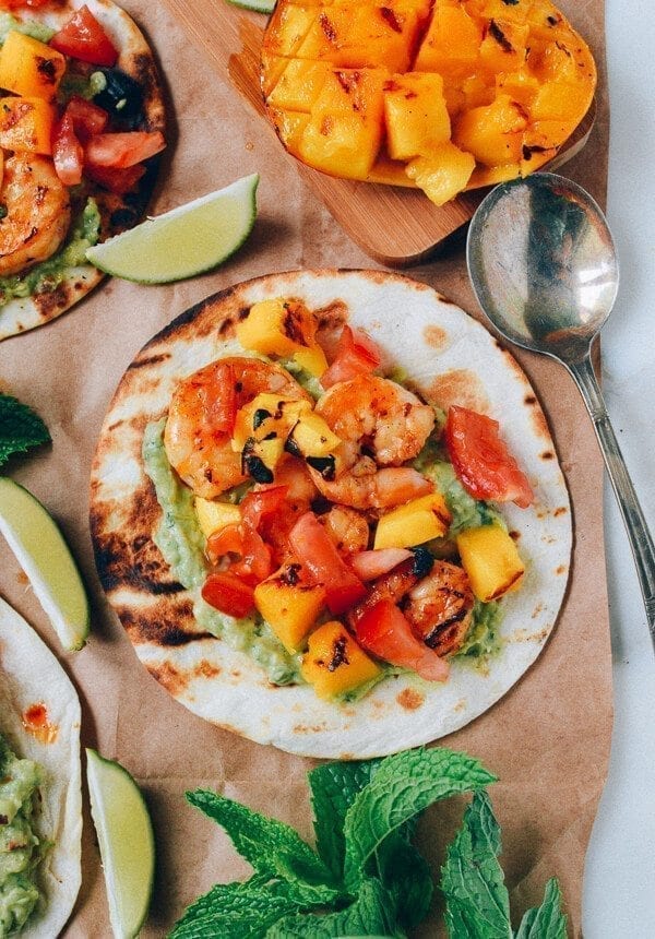 Shrimp Tacos w/ Grilled Mango & Mint Guacamole