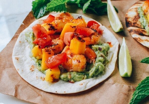 Shrimp Tacos w/ Grilled Mango & Mint Guacamole
