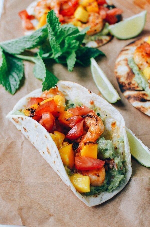 Shrimp Tacos w/ Grilled Mango & Mint Guacamole