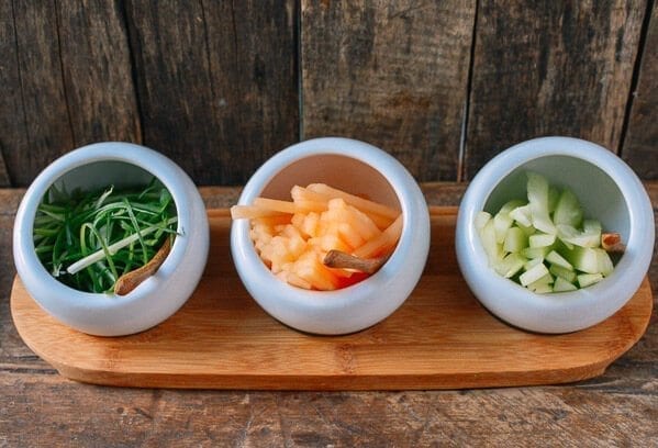 Julienned scallions, cantaloupe, cucumber, by thewoksoflife.com