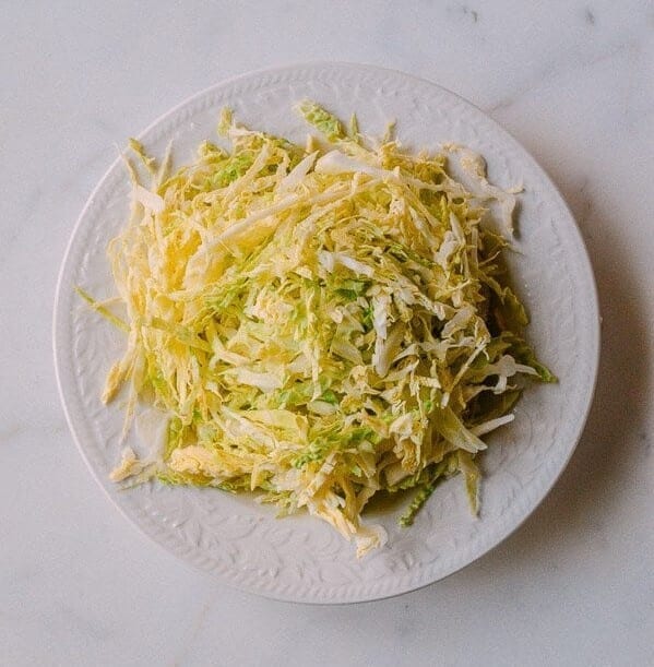 Plate of shredded napa cabbage, by thewoksoflife.com