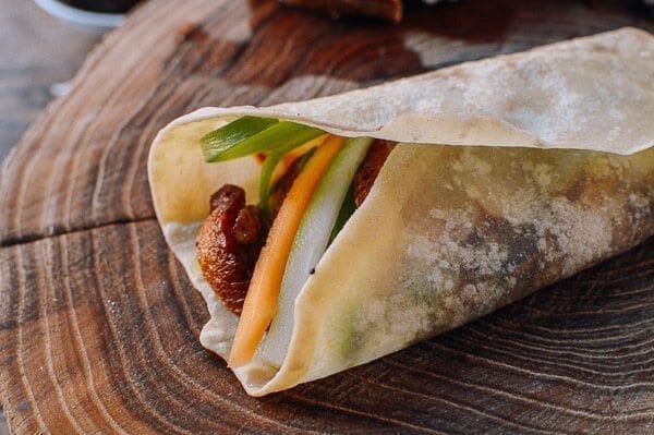 Homemade peking duck wrapped in mandarin pancake, by thewoksoflife.com