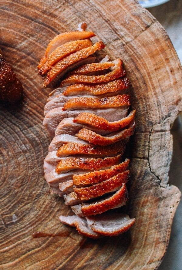 Slices of seared duck breast with crispy skin, by thewoksoflife.com