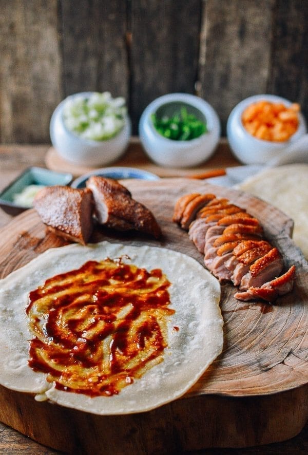 Hoisin sauce on mandarin pancake, by thewoksoflife.com