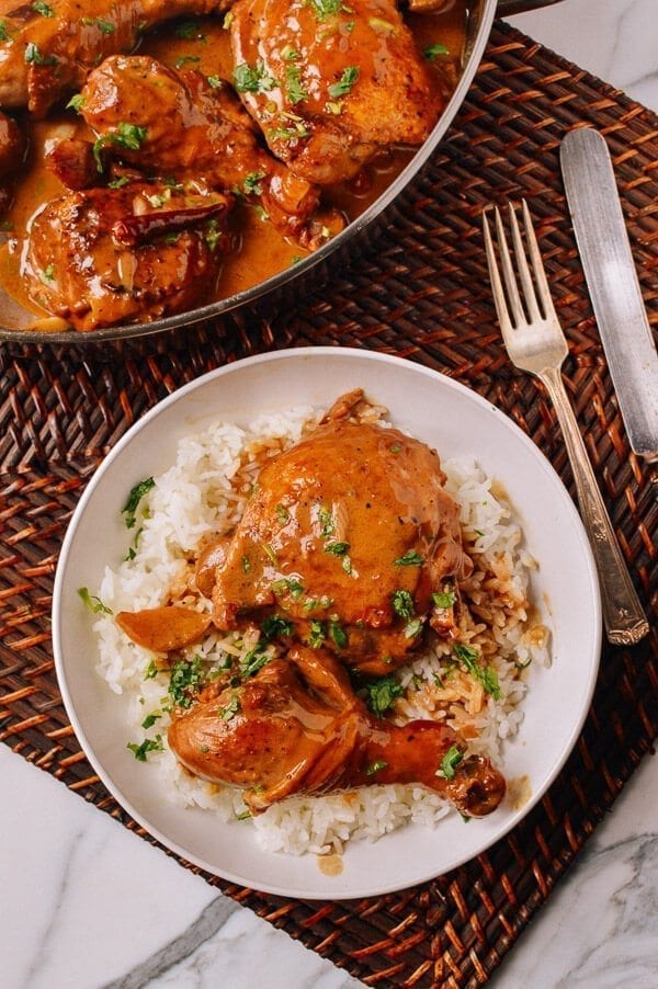 Chicken Adobo served over rice, by thewoksoflife.com