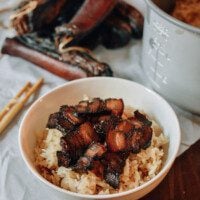 Sliced Chinese cured pork belly over rice