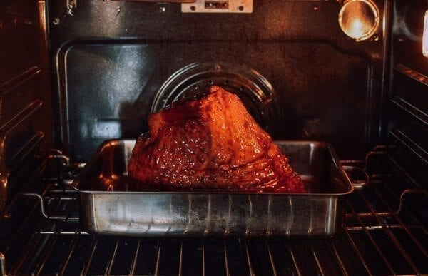 Plum Sauce Glazed Ham with Soy & Scallion Butter Roasted Potatoes