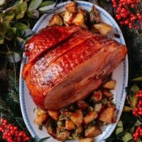 Plum Sauce Glazed Ham with Soy & Scallion Butter Roasted Potatoes