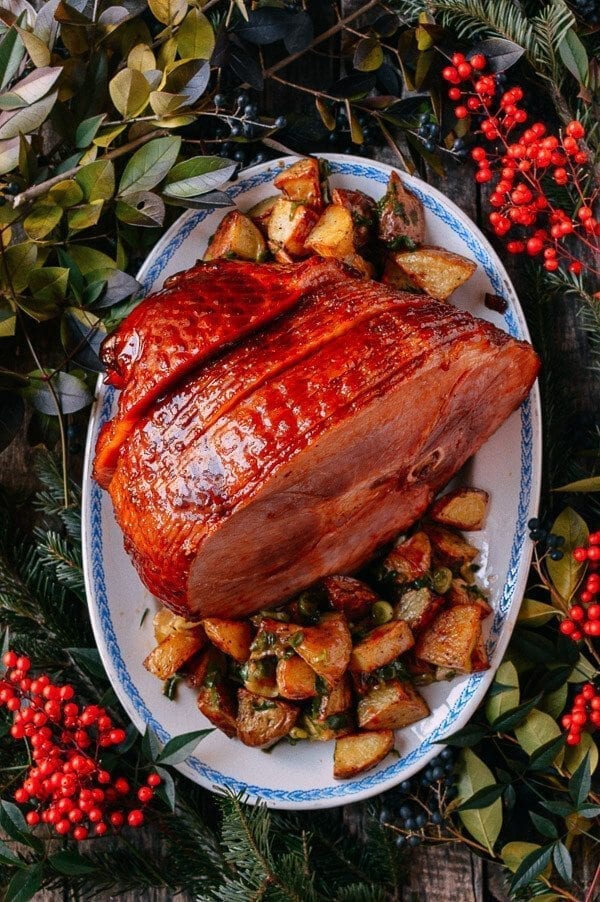 Plum Sauce Glazed Ham with Soy & Scallion Butter Roasted Potatoes