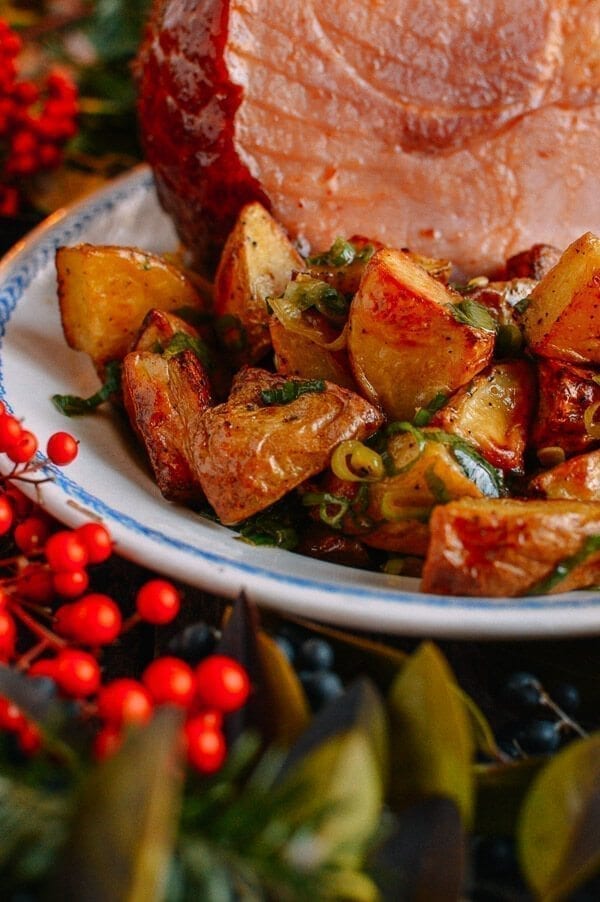 Plum Sauce Glazed Ham with Soy & Scallion Butter Roasted Potatoes