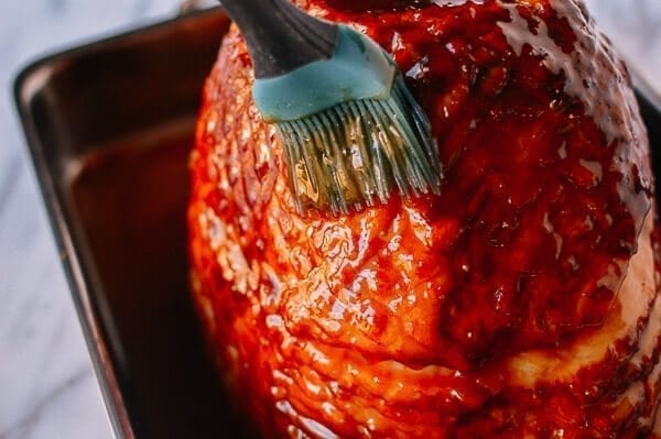 Plum Sauce Glazed Ham with Soy & Scallion Butter Roasted Potatoes