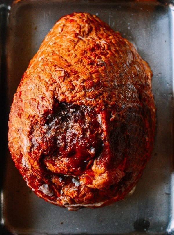 Plum Sauce Glazed Ham with Soy & Scallion Butter Roasted Potatoes