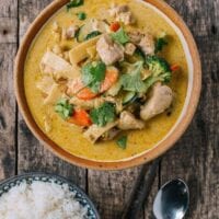 Green Curry Chicken with a bowl of white rice, by thewoksoflife.com