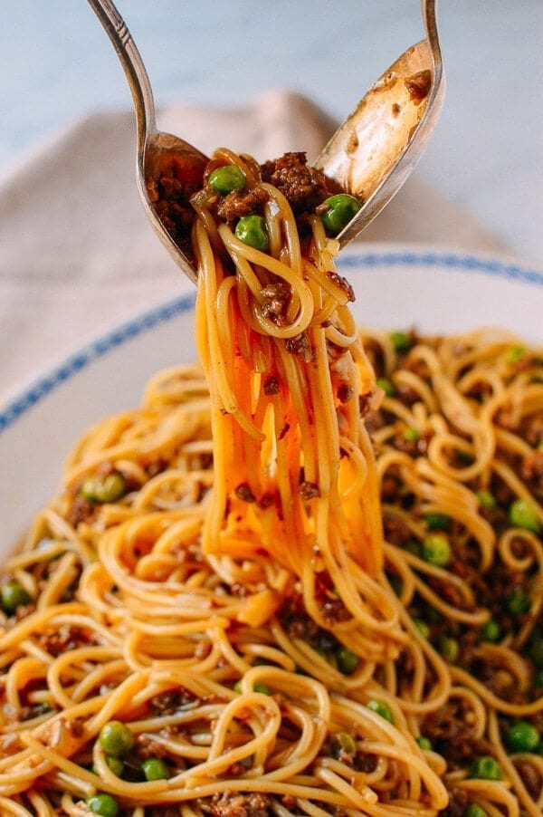 Chinese Spaghetti Bolognese, by thewoksoflife.com