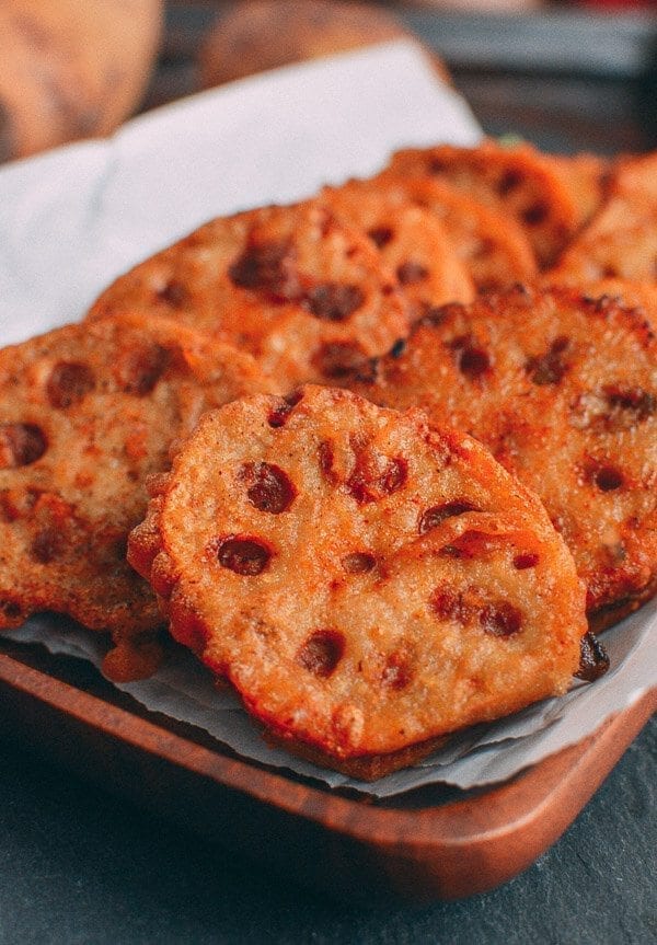 Crispy Stuffed Lotus Root with Pork, by thewoksoflife.com