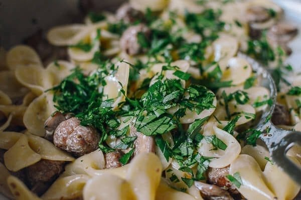  Winter Pasta with Mushrooms, Sausage Meatballs, Walnuts & Crispy Sage, by thewoksoflife.com