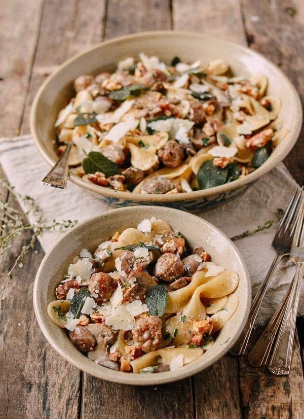 Winter Pasta with Mushrooms, Sausage Meatballs, Walnuts & Crispy Sage, by thewoksoflife.com