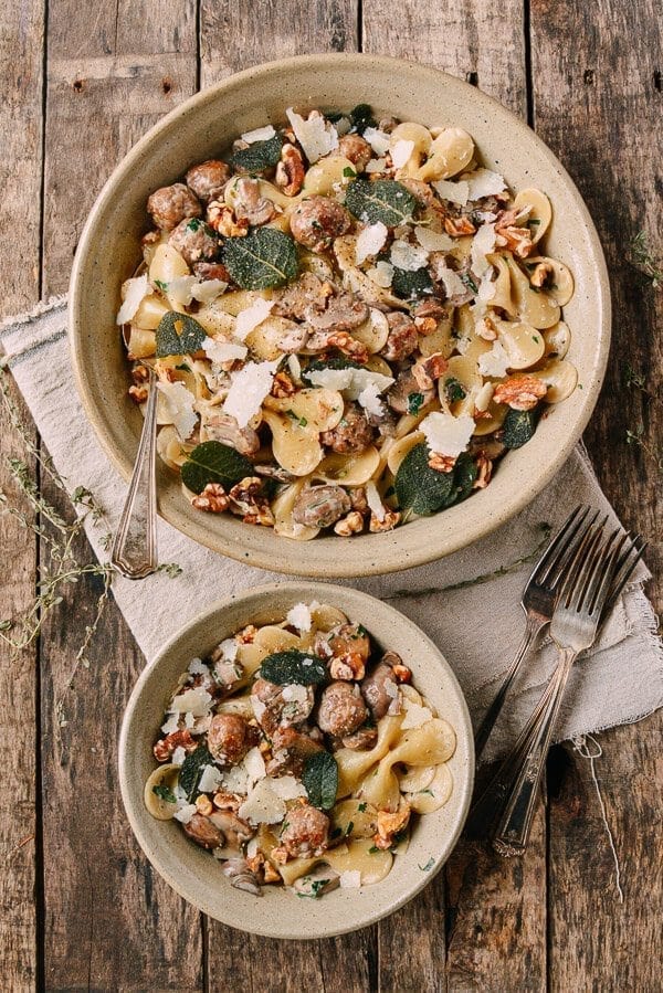 Winter Pasta with Mushrooms, Sausage Meatballs, Walnuts & Crispy Sage, by thewoksoflife.com