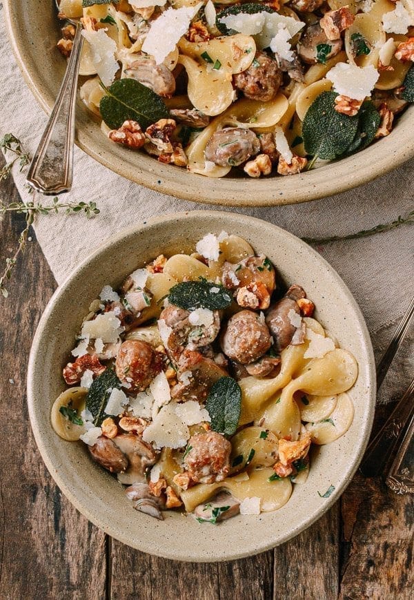 Winter Pasta with Mushrooms, Sausage Meatballs, Walnuts & Crispy Sage, by thewoksoflife.com