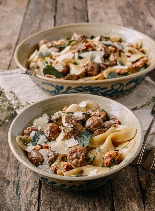 Winter Pasta with Mushrooms, Sausage Meatballs, Walnuts & Crispy Sage, by thewoksoflife.com